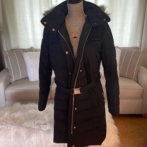 Michael Kors long black winter jacket with faux fur removable hood.